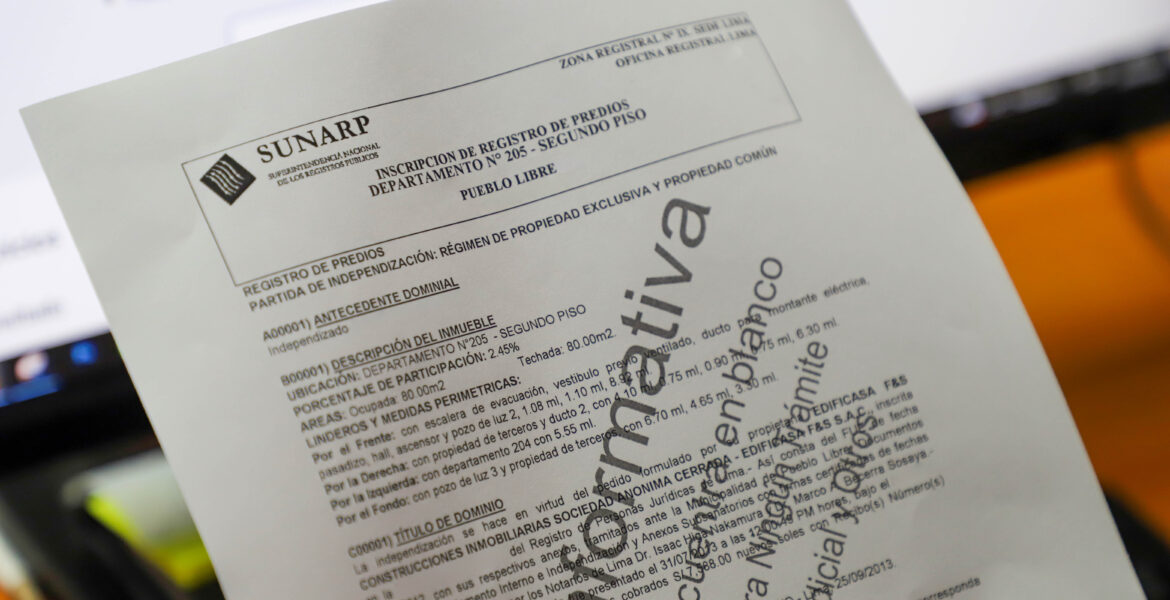 Documento de partida registral SUNARP de un inmueble en Perú